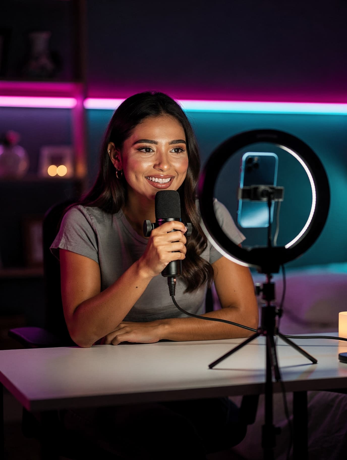 Criadora de conteúdo fazendo uma LIVE no celular com iluminação neon